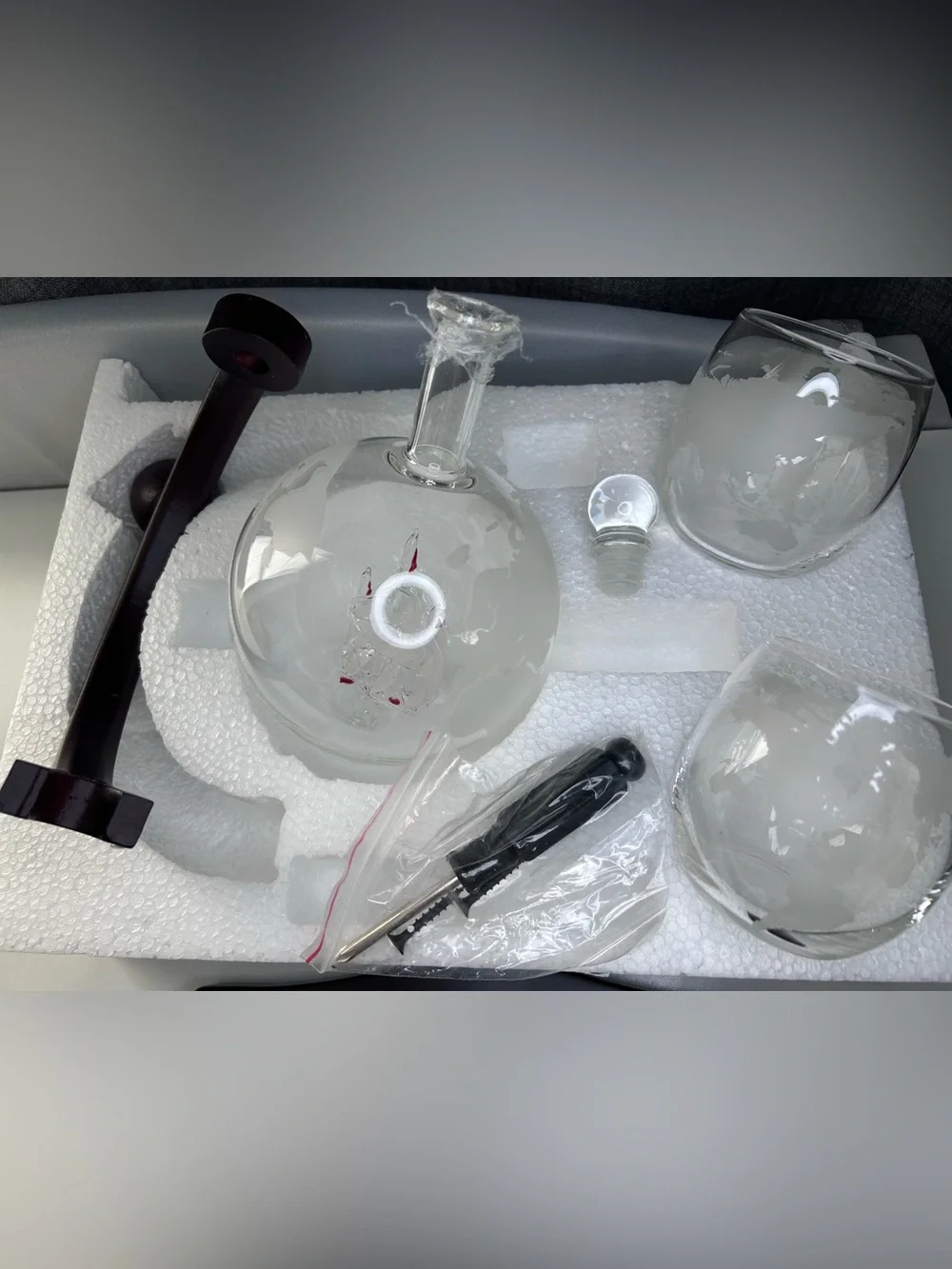 Globe Glass Decanter Set with Two Etched Tumblers - Black Base